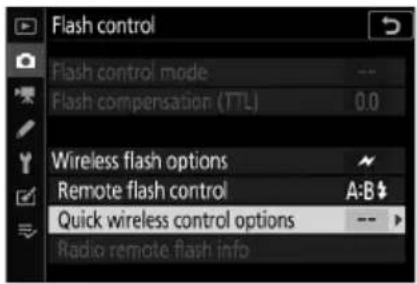 Flash control Flash control mode Flash compensation (TTL) 0.0 Wireless flash options Remote flash control A:B Quick wireless control options Radio remote flash info