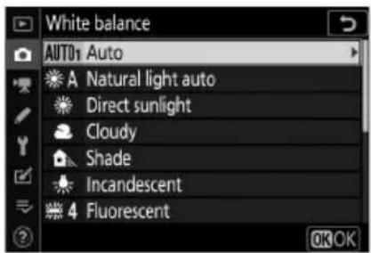 White balance AUTO1 Auto A Natural light auto Direct sunlight Cloudy Shade Incandescent 4 Fluorescent