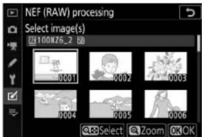 NEF (RAW) processing Select image(s) 100N75_2 0001 0002 0003 0004 0005 0006 Select Zoom OK