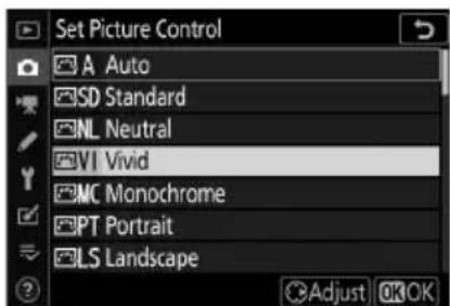 Set Picture Control A Auto SD Standard NL Neutral VI Vivid MC Monochrome PT Portrait LS Landscape Adjust OK OK