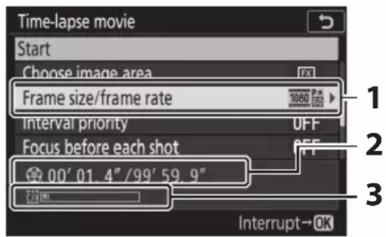 Time-lapse movie Start Choose image area Frame size/frame rate 1080 Interval priority OFF Focus before each shot 00' 01.4"/99' 59.9" E72mm Interrupt→OK