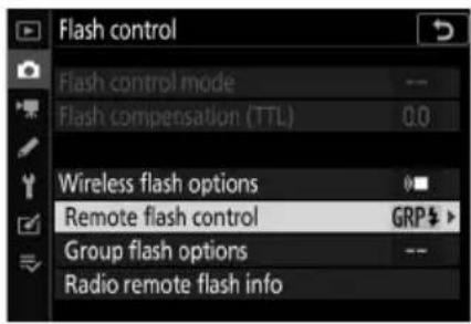 Flash control Flash control mode Flash compensation (TTL) 0.0 Wireless flash options Remote flash control GRP$ Group flash options -- Radio remote flash info