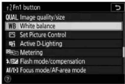 f2 Fn1 button QUAL Image quality/size WB White balance Set Picture Control Active D-Lighting Metering Flash mode/compensation AF/[+] Focus mode/AF-area mode