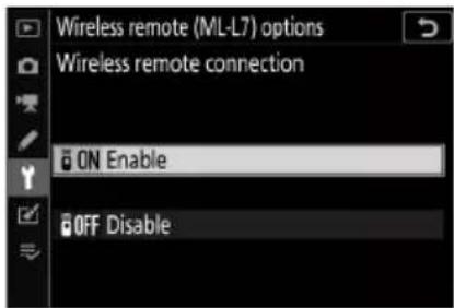 NIKON Z 7II - Přejděte na [ Wireless remote (ML-L7) options ] v nabídce nastavení a vyberte [ Enable ] pro [ Wireless remote connection ]. - 1