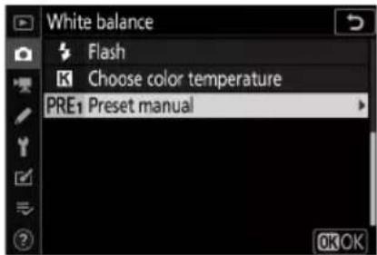 White balance Flash Choose color temperature PRE1 Preset manual OK OK