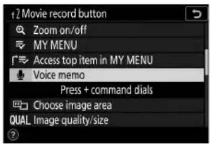 Movie record button Zoom on/off MY MENU Access top item in MY MENU Voice memo Press + command dials Choose image area QUAL. Image quality/size
