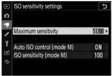 ISO sensitivity settings Maximum sensitivity 51200 Auto ISO control (mode M) ON ISO sensitivity (mode M) 100