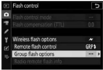 Flash control Flash control mode -- Flash compensation (TTL) 0.0 Wireless flash options Remote flash control GRP Group flash options -- Radio remote flash info