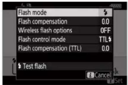 Flash mode Flash compensation 0.0 Wireless flash options OFF Flash control mode TTL Flash compensation (TTL) 0.0 Test flash Cancel