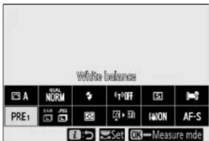 White balance A QUAL NORM ↑ ↑OFF S PRE1 RAW JES OK ON AF-S Set OK—Measure mde
