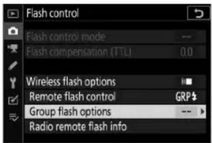 Flash control Flash control mode Flash compensation (TTL) 0.0 Wireless flash options Remote flash control GRP Group flash options Radio remote flash info