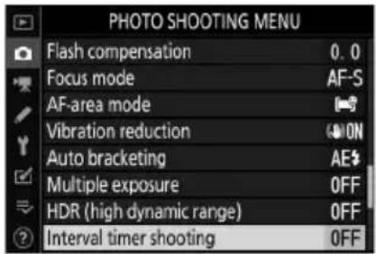 NIKON Z 7II - Zvýrazněte [ Interval timer shooting ] v menu fotografování a stiskněte ⬆ . - 1