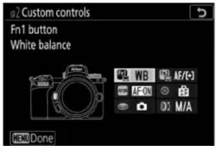 g2 Custom controls Fn1 button White balance WB AF/(-) AF-ON ● ○ ○1 M/A NEW Done