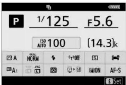 P 1/125 F5.6 ISO 100 [14.3]k A NORM ↑ ↑OFF A1 JPEG → ON AF-S Set