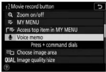 Movie record button Zoom on/off MY MENU Access top item in MY MENU Voice memo Press + command dials Choose image area QUAL Image quality/size