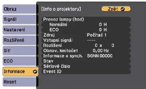 [Info o projektoru] Zpět Provoz lampy (hod) Normální 0 H ECO 0 H Zdroj Počítač 1 Vstupní signál ---- Rozlišení 0 x 0 Obnov. kmitočet 0,0C Hz Informace o synch. SGNN 00000 Stav Sérlové číslo Event ID Informace Reset