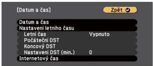 [Datum a čas] Zpět Datum a čas Nastavení letniho času Letní čas Vypnuto Počáteční DST Koncový DST Nastavení DST (min.) 0 Internetový čas