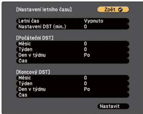 [Nastavení letního času] Letní čas Vypnuto Nastavení DST (min.) 0 [Počáteční DST] Měsic 0 Týden 0 Den v týdnu Po Čas [Koncový DST] Měsic 0 Týden 0 Den v týdnu Po Čas Nastavit