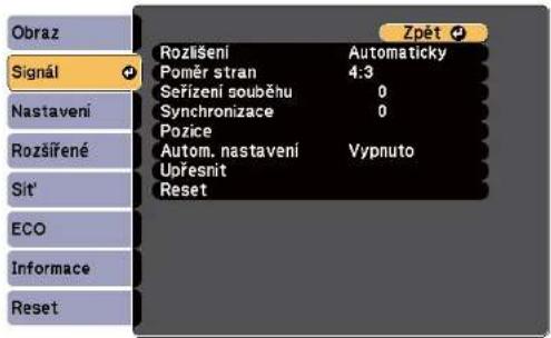 Obraz Signál Nastavení Rozlišení Poměr stran Seřízení souběhu Synchronizace Pozice Autom. nastavení Upřesnit Reset Zpět Automaticky 4:3 0 0 Vypnuto