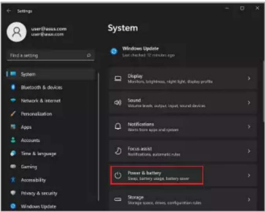 ASUS ZenBook Pro Duo 15 - Pro zobrazení možností vyberte záložku Power &amp; battery (Napájení a baterie). - 1