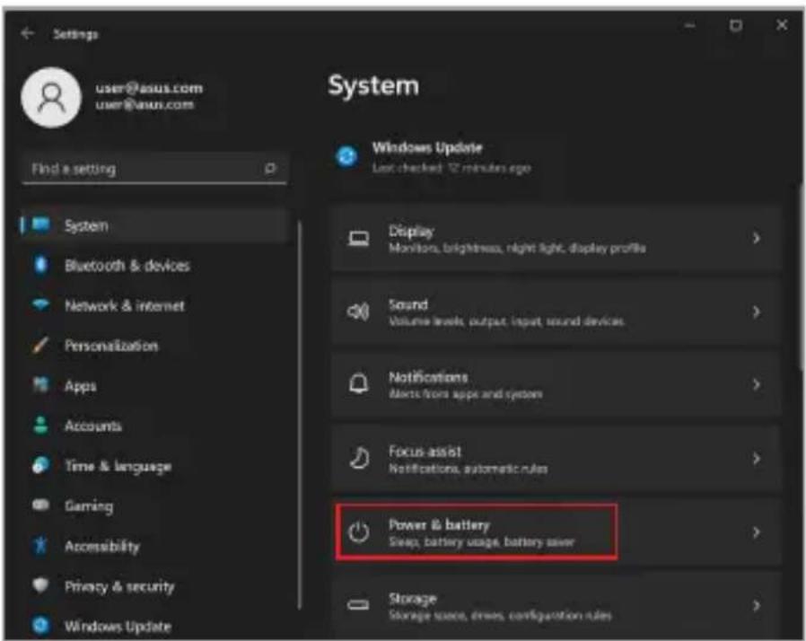 ASUS ZenBook Flip S - Pro zobrazení možností vyberte záložku Power &amp; battery (Napájení a baterie). - 1
