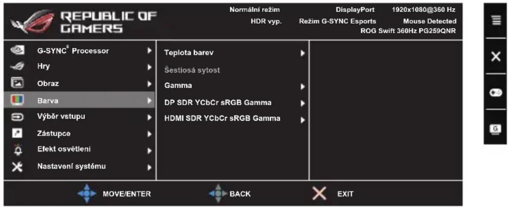 REPUBLIC OF GAMERS Normální režim HDR vyp. DisplayPort 1920x1080@360 Hz Režim G-SYNC Esports Mouse Detected ROG Swift 360Hz PG259QNR G-SYNC® Processor Hry Obraz Barva Výbár vstupu Zástupce Efekt osvětleni Nastavení systému Teplota barev Šestiosá sytost Gamma DP SDR YCbCr sRGB Gamma HDMI SDR YCbCr sRGB Gamma MOVE/ENTER BACK EXIT