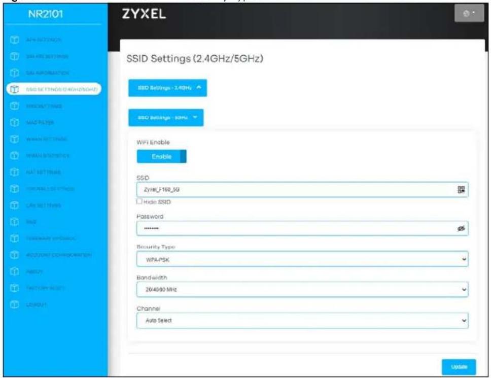 NR2101 ZYXEL SSID Settings (2.4GHz/5GHz) SSD Settings - 1.4GHz SSD Settings - 5GHz WiFi Enable Enable SSD Zyrel_F168_5G Hide SSID Password ****** Security Type WPA-PSK Bandwidth 204000 MHz Channel Auto Select Update