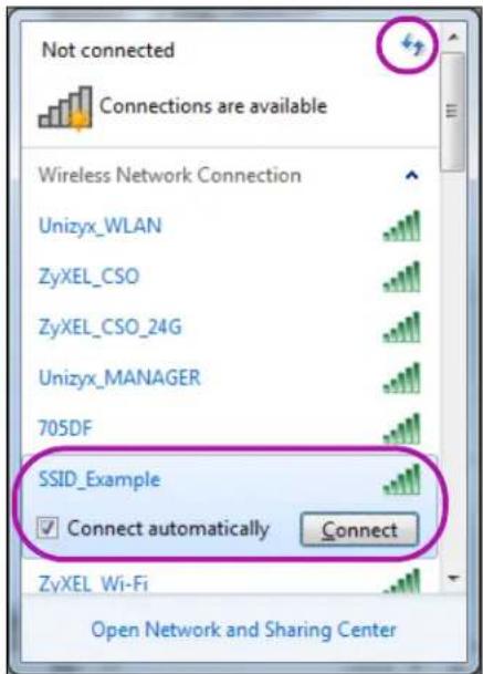 Not connected Connections are available Wireless Network Connection Unizyx_WLAN ZyXEL_CSO ZyXEL_CSO_24G Unizyx_MANAGER 705DF SSID_Example Connect automatically Connect ZyXEL Wi-Fi Open Network and Sharing Center