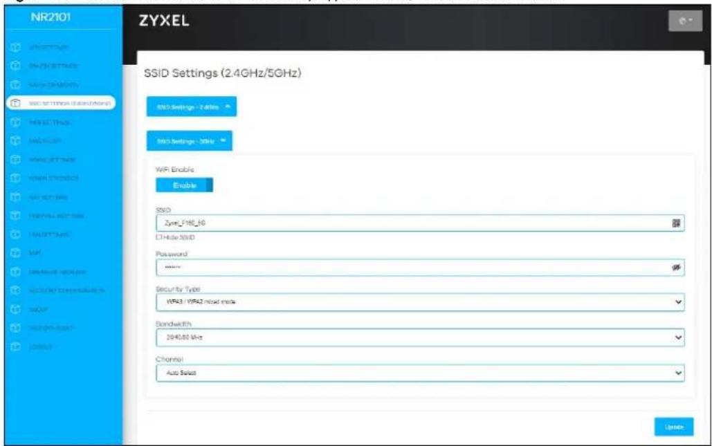 NR2101 ZYXEL SSID Settings (2.4GHz/5GHz) SSID Settings - 7.4GHz HIS Settings - 36Hz WiFi Enable Enable SSID Zyrel_F180_66 CI Hide SUID Password ****** Security Type WPS43 / WPS42 main mode Bandwidth 2040.80 MHz Channel Auto Select Update