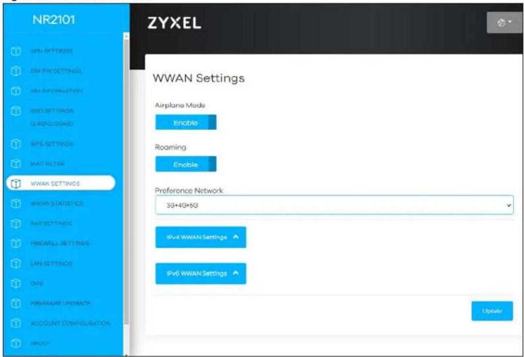 NR2101 ZYXEL WWAN Settings Airplane Mode Enable Roaming Enable Preference Network 3G+4G+5G IPv4 WWAN Settings IPv6 WWAN Settings Update