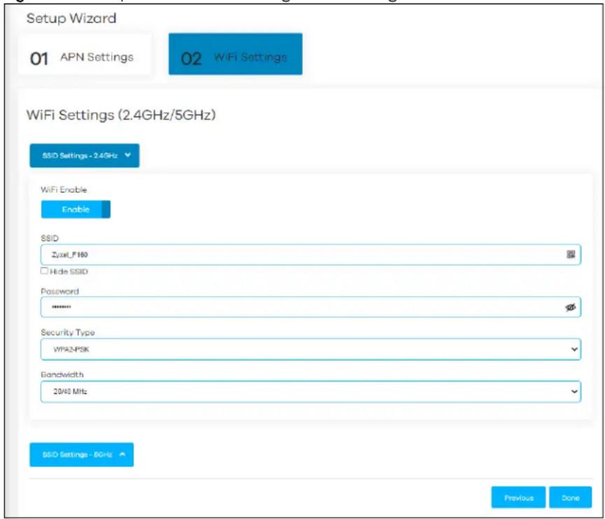 Setup Wizard 01 APN Settings 02 WiFi Settings WiFi Settings (2.4GHz/5GHz) SSID Settings - 2.4GHz WiFi Enable Enable SSID Zyxt_F160 Hide SSID Password ****** Security Type VPR2-PSK Bandwidth 2043 MHz SSID Settings - 5GHz Previous Done