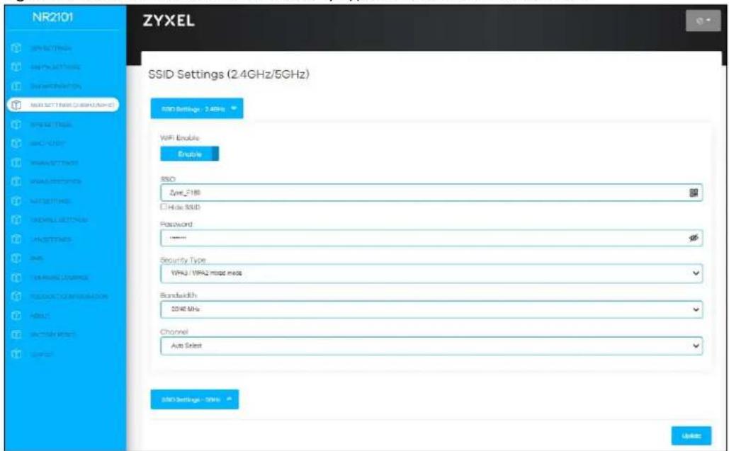 NR2101 ZYXEL SSID Settings (2.4GHz/5GHz) SSID Settings: 2.4GHz WiFi Enable Enable SSO Zwe_2188 Hi de SSD Password: **** Security Type: WPA3 / WPA2 mod meas Bandwidth: 50%6 MHz Channel Auto Select SND Settings - 50%6 Unknown