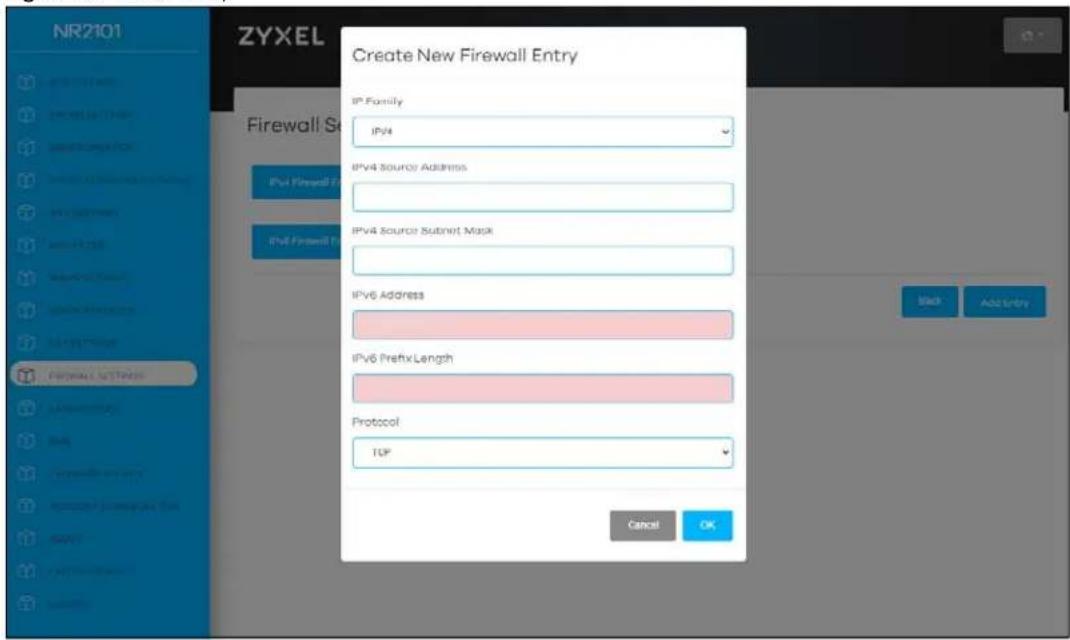 NR2101 ZYXEL Create New Firewall Entry IP Family IPV4 IPV4 Source Address IPV4 Source Subnet Mask IPV6 Address IPV6 Prefix Length Protocol TCP Cancel OK Back Add entry