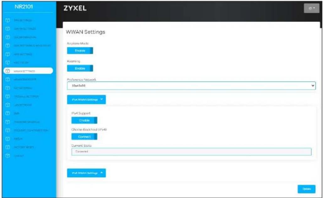 NR2101 ZYXEL WWAN Settings Airplane Mode Enable Roaming Enable Preference Network 35+35+50 Put Wizard Settings IPv4 Support Enable Choose BackToout (IPv4) Connect Current State Connected Put Wizard Settings Options