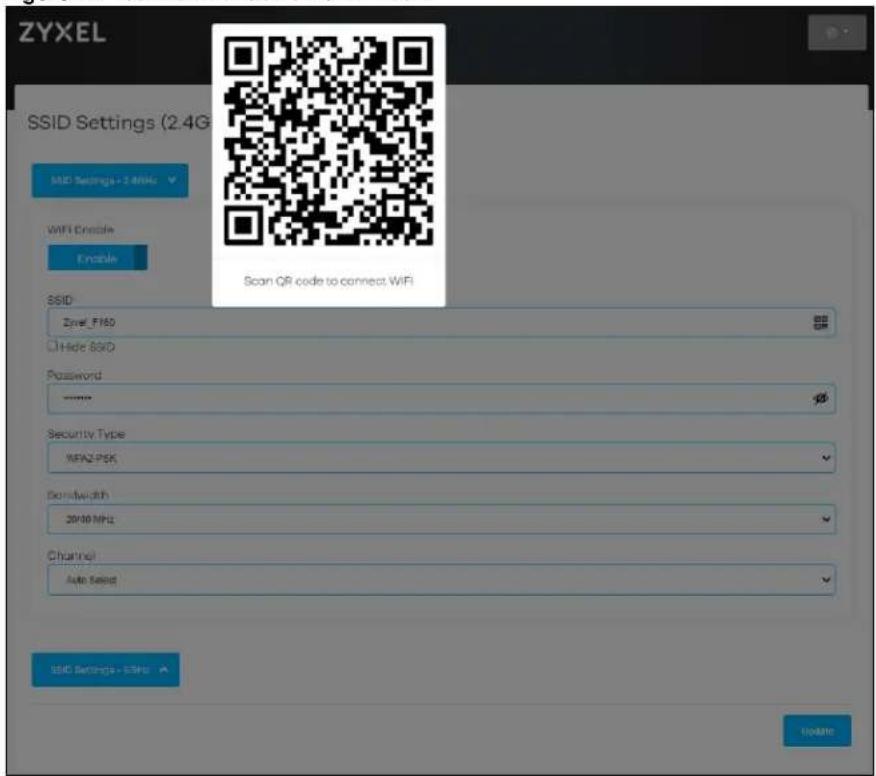 ZYXEL SSID Settings (2.4G) MID Settings - 24GHz WiFi Enable Enable Scan QR code to connect WiFi SSID Zyel_F160 Hide SSD Password www Security Type WPSZ-PSK Domwidth 3040 MHz Channel Auto Select SSID Settings - 5GHz Update