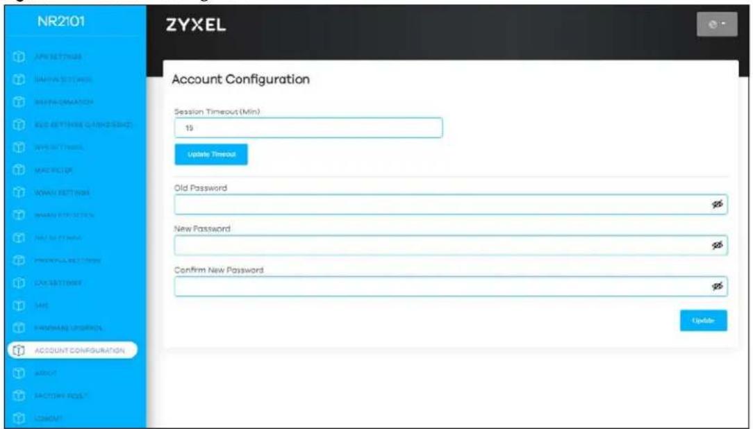 NR2101 ZYXEL Account Configuration Session Timeout (Min) 19 Update Timeout Old Password New Password Confirm New Password ACCOUNT CONFIGURATION ABOUT MACROWING ONCONT