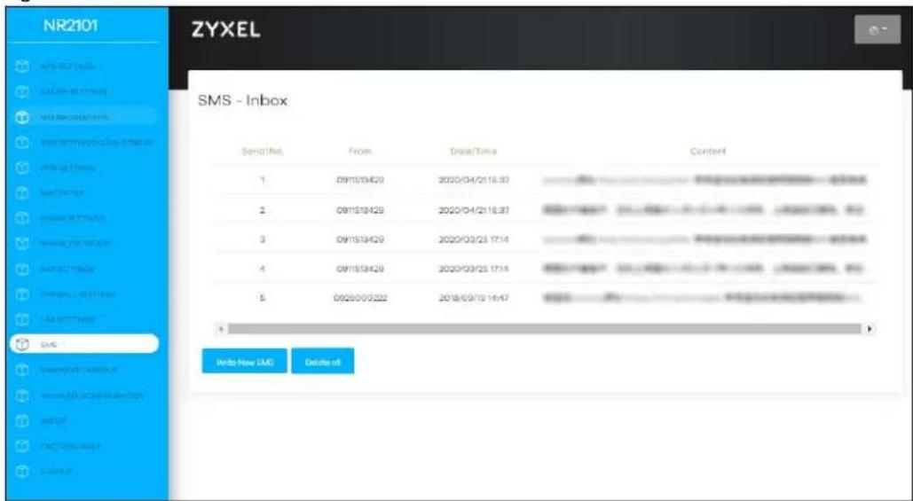 NR2101 ZYXEL SMS - Inbox: Serial No. From的数量/Time Content 1 09/15/14:29 2020/04/21 16:32 2 09/15/14:29 2020/04/21 16:37 3 09/15/14:29 2020/03/25 17:14 4 09/15/14:29 2020/03/25 17:14 5 06/20/00:222 2018/09/19 16:47 Write New SMS Delote off
