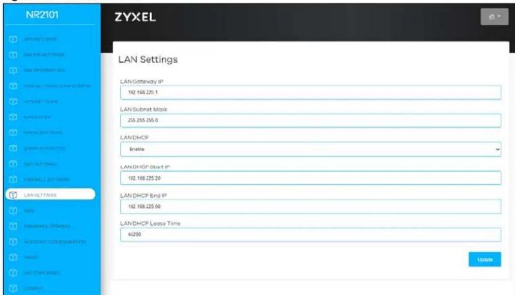 NR2101 ZYXEL LAN Settings LAN Gateway IP 192 168.225.1 LAN Submat Mask 255 255 255.0 LAN DHCP Enable LAN DHCP Start IP 192 168.225.20 LAN DHCP End IP 192 168.225.60 LAN DHCP Lease Time 41200 Update