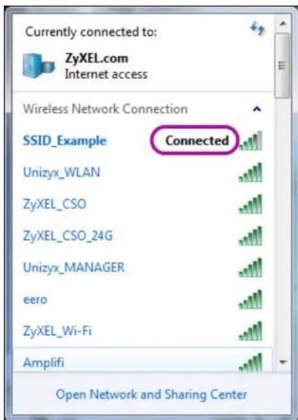 Currently connected to: ZyXEL.com Internet access Wireless Network Connection SSID_Example Connected Unizyx_WLAN ZyXEL_CSO ZyXEL_CSO_24G Unizyx_MANAGER eero ZyXEL_Wi-Fi Amplifi Open Network and Sharing Center