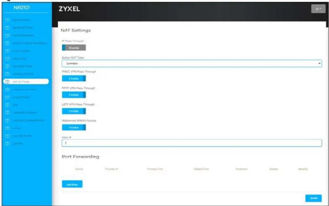 NR2101 ZYXEL NAT Settings IP Plate-Through Disable Select NAT Type Symmers IPSEC VPN Pass-Through Disable PHP VPN Pass-Through Disable LZTP VPN Pass-Through Disable Webserver WWAR Access Disable DMZ IP: Port Forwarding Serial Private IP Private Port Ctrlui Port Postcall Delete Modify Add Entry Open