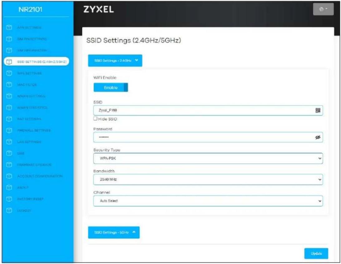 NR2101 ZYXEL SSID Settings (2.4GHz/5GHz) SSID Settings - 2.4GHz WiFi Enable Enable SSID Zyxi_F160 Hide SSID Password .......... Security Type WPA-PSK Bandwidth 2040 MHz Channel Auto Select SSID Settings - 5GHz Update