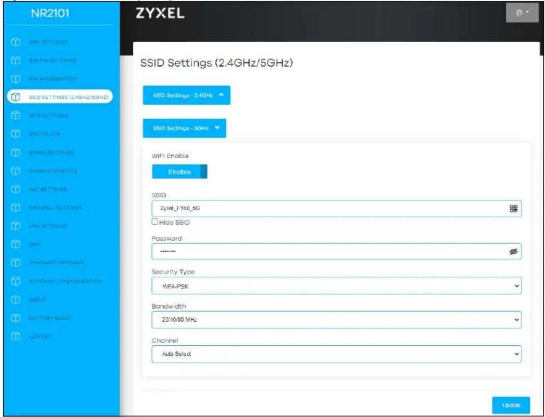 NR2101 ZYXEL SSID Settings (2.4GHz/5GHz) SSID Settings - 3.4GHz SSID Settings - 5GHz WiFi Enable Enable SSID Zynet_F160_5G Hide SSID Password ****** Security Type WIPA-PSK Bandwidth 20/10/80 MHz Channel Auto Select Update