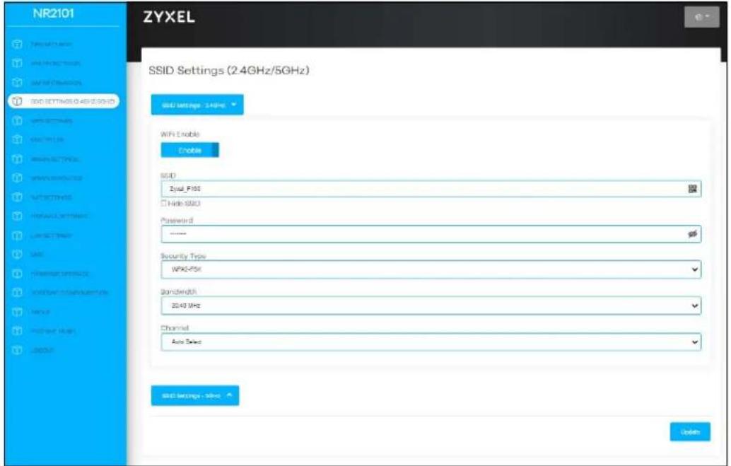 NR2101 ZYXEL SSID Settings (2.4GHz/5GHz) 8x2 settings 2.4GHz WiFi Enable Enable SSLD Zyad_P105 Hide SSLD Password Security Type WPS2-PSX Bandwidth 2040 MHz Channel Auto Drive SSLD Settings - 36Hz Update