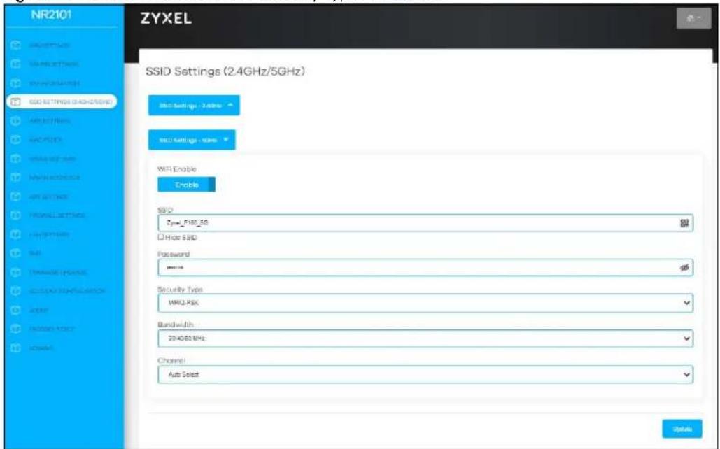 NR2101 ZYXEL SSID Settings (2.4GHz/5GHz) SMD Settings - 3.6GHz SMD Settings - value WiFi Enable Enable SMD Zyew_P180_50 HDD SMD Password ****** Security Type WRU2.PSK Bandwidth 2040.80 MHz Channel Auto Select Options
