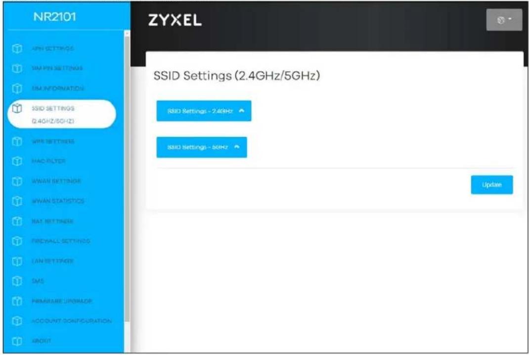 NR2101 APN SETTINGS SIM PIN SETTINGS IM INFORMATION SSID SETTINGS (2.4GHz/5GHz) WRP SETTINGS MAC FILTER WWAN SETTINGS WWAN STATISTICS MAT SETTIGERS FIREWALL SETTINGS LAN SETTIGERS SMS PRIMARY UNSHADP ACCOUNT CONFIGURATION ABOUT ZYXEL SSID Settings (2.4GHz/5GHz) SSID Settings - 2.4GHz SSID Settings - 5GHz Update