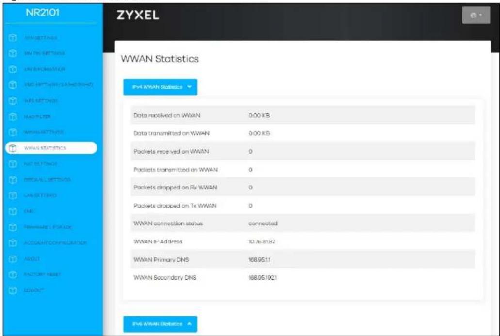 NR2101 ZYXEL WWAN Statistics Pvt. WWAN Statistics Data received on WWAN 0.00 KB Data transmitted on WWAN 0.00 KB Packets received on WWAN 0 Packets transmitted on WWAN 0 Packets dropped on Rx WWAN 0 Packets dropped on Tx WWAN 0 WWAN connection status connected WWAN IP Address 10.76.81.82 WWAN Primary DNS 108.95.11 WWAN Secondary DNS 108.95.192.1 Pvt. WWAN Distances