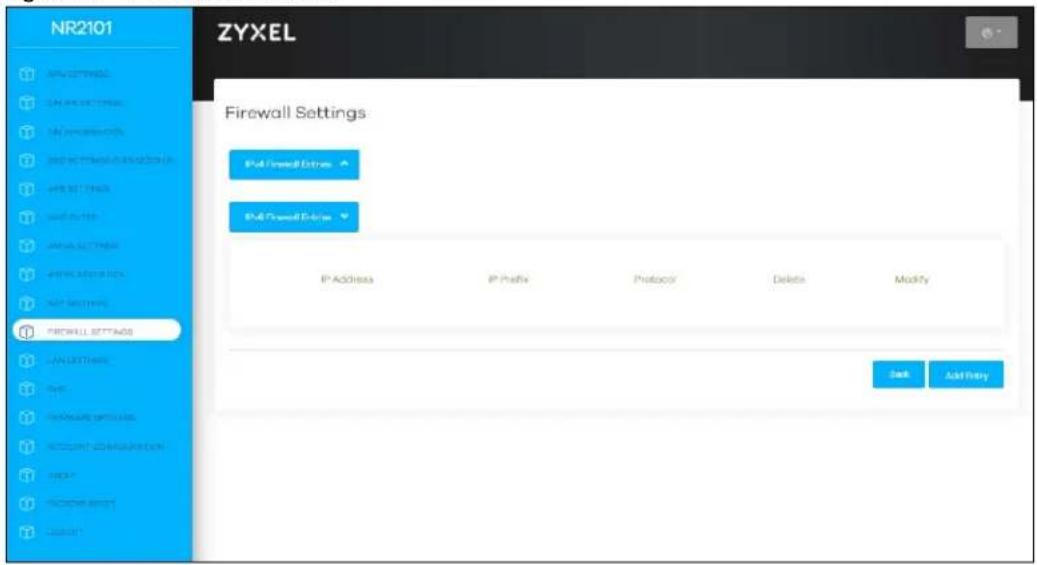 NR2101 ZYXEL Firewall Settings IP Address IP Prefix Prototype Delete Modify Back Add Entry Firewall Settings IP Address IP Prefix Prototype Delete Modify Back Add Entry