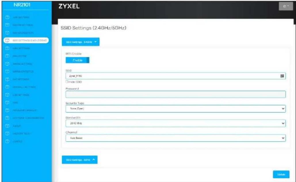 NR2101 ZYXEL SSID Settings (2.4GHz/5GHz) SSID Settings - 2.4GHz WiFi Enable Enable SSID Zynd_P180 Hide SSBID Password Security Type None (Open) Bandwidth 2040 MHz Channel Auto Base SSID Settings - SSB Status