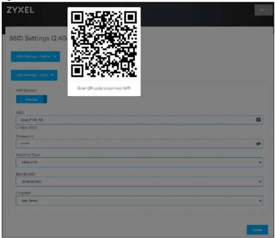 ZYXEL SSID Settings (2.4G) SSID Settings - 2.4GHz SAR Settings - SCR WiFi Enable Enable SSID Zyxel_F100_5G CTR Hide SSID Password: xxxxxx Security Type: V862JPSK Bandwidth: 29.80/58 MHz Channel Auto Select Scan QR code to connect WiFi Update