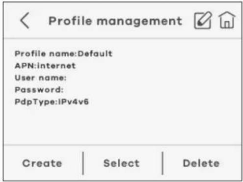 Profile management Profile name:Default APN:internet User name: Password: PdpType:IPv4v6 Create | Select | Delete